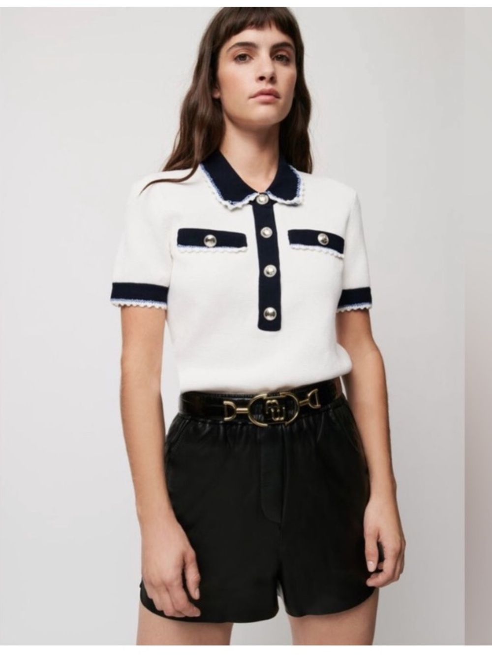 Maje White Short-Sleeve Polo with Navy Trim